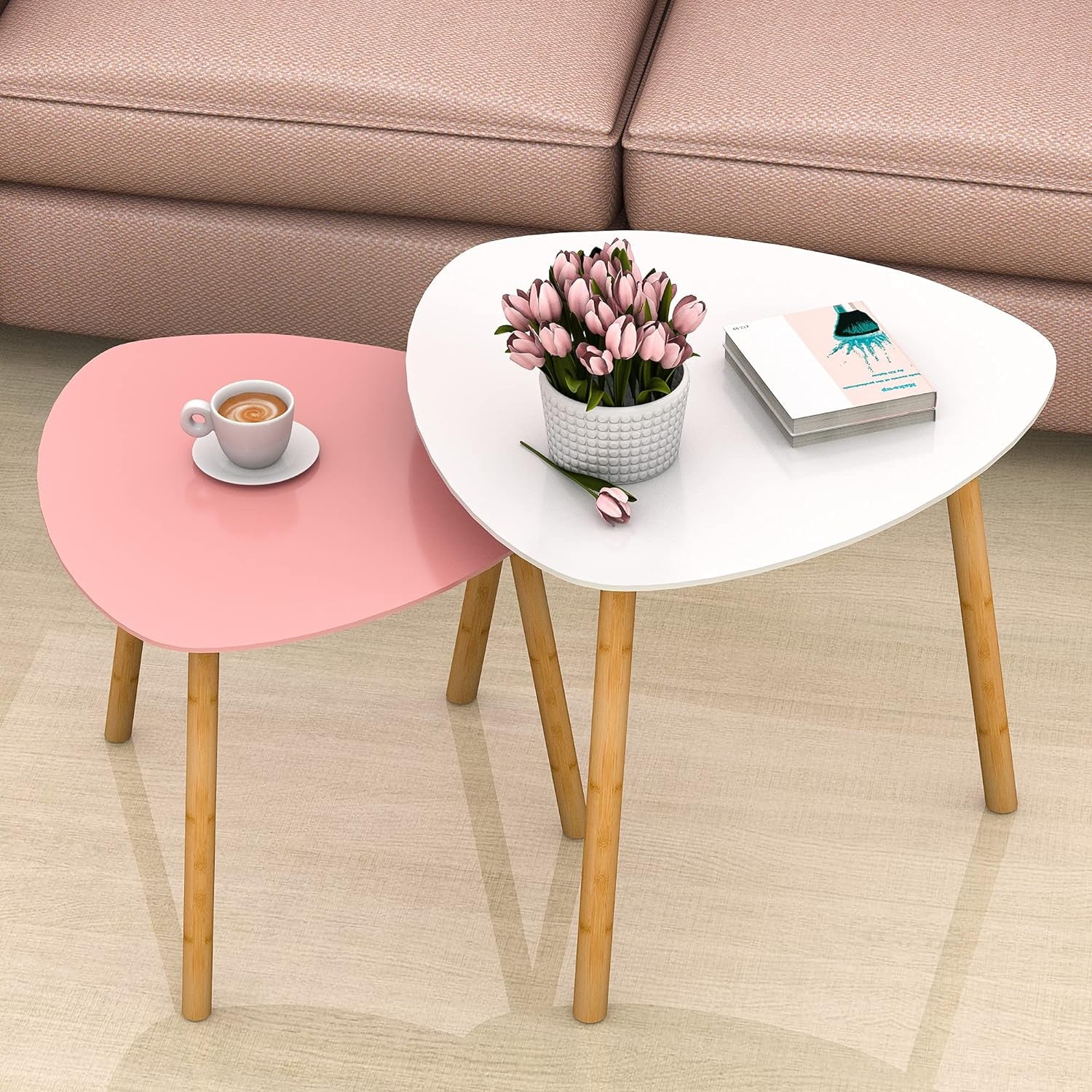 Bamboo Nesting Coffee Tables - Small Coffee Table for Living Room, Set of 2 Triangle End Table Modern Side Table for Bedroom Apartment Balcony Yard Small Spaces, (White & Pink)